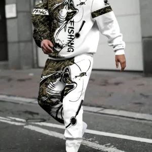 men's fishing print hooded sweatshirt and sweatpants